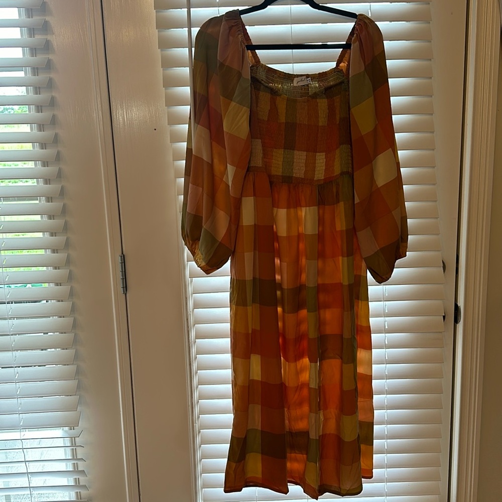 Petal & Pup Orange and Yellow Plaid Midi Dress